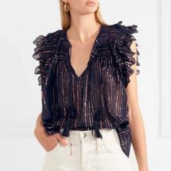 Ulla Johnson Tops - Ulla Johnson Cora Ruffled Metallic Striped Cotton Voile Top!  Size 4